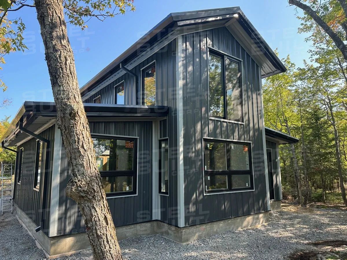 Steel building in Manitowaning, Ontario, a two-storey design on Manitoulin Island